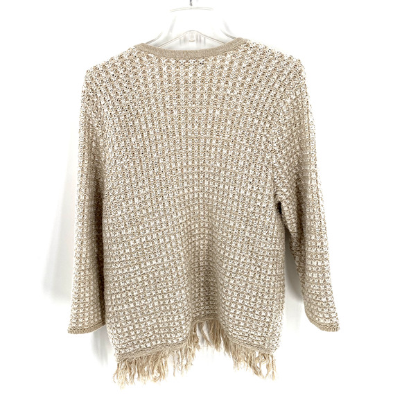 Karl Lagerfeld Womens Chunky‎ Knit Cardigan Sweater Open Front Fringe Sz L Beige - Picture 4 of 8